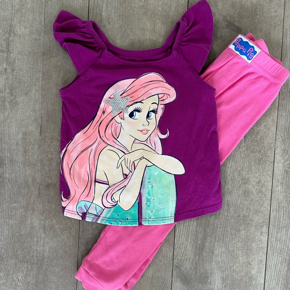 Disney Little Mermaid Ariel Shirt & Peppa Pig Pants 2T Girls
